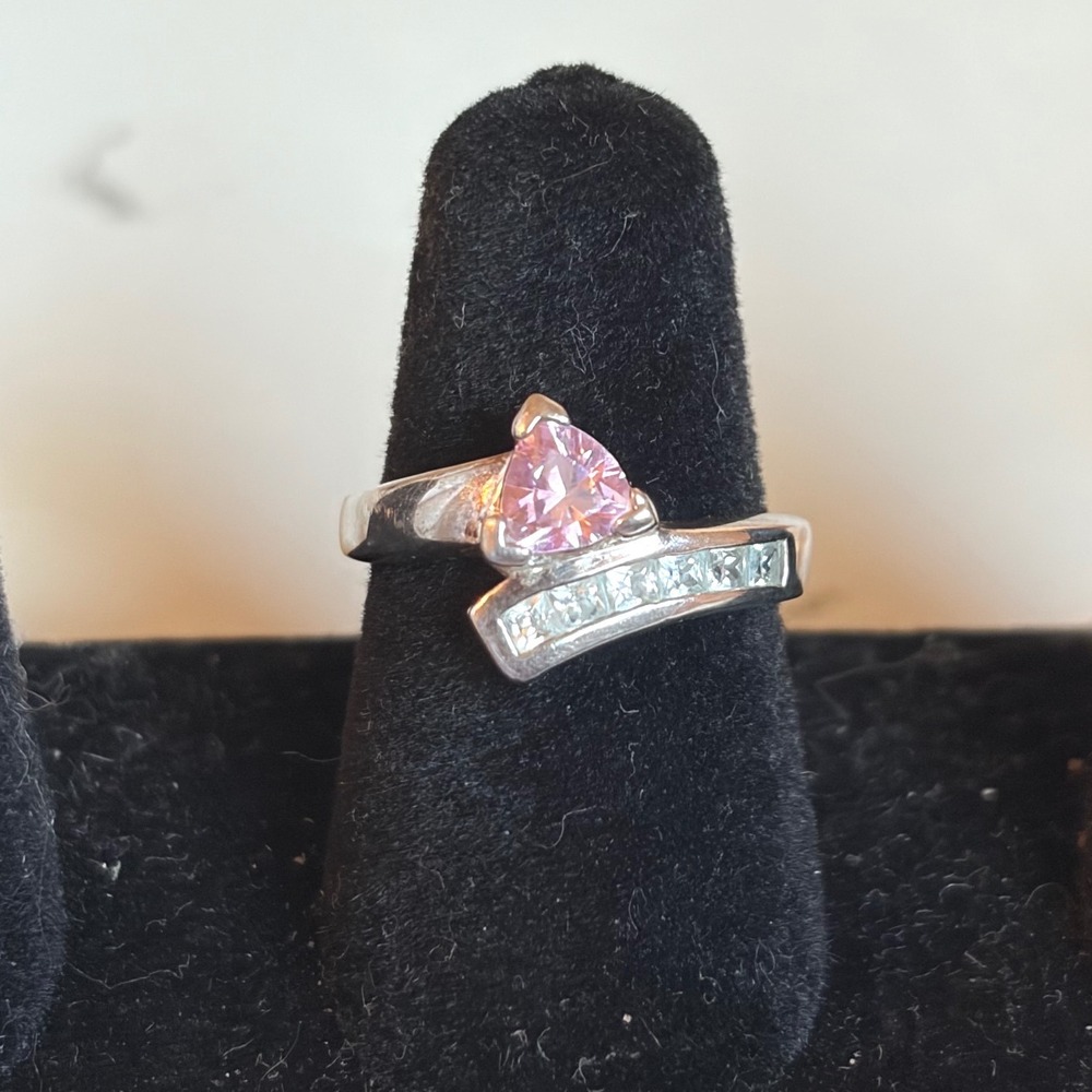 JBB TH 925 Sterling Silver Pink Trillion CZ Bypass Ring Size 6.25